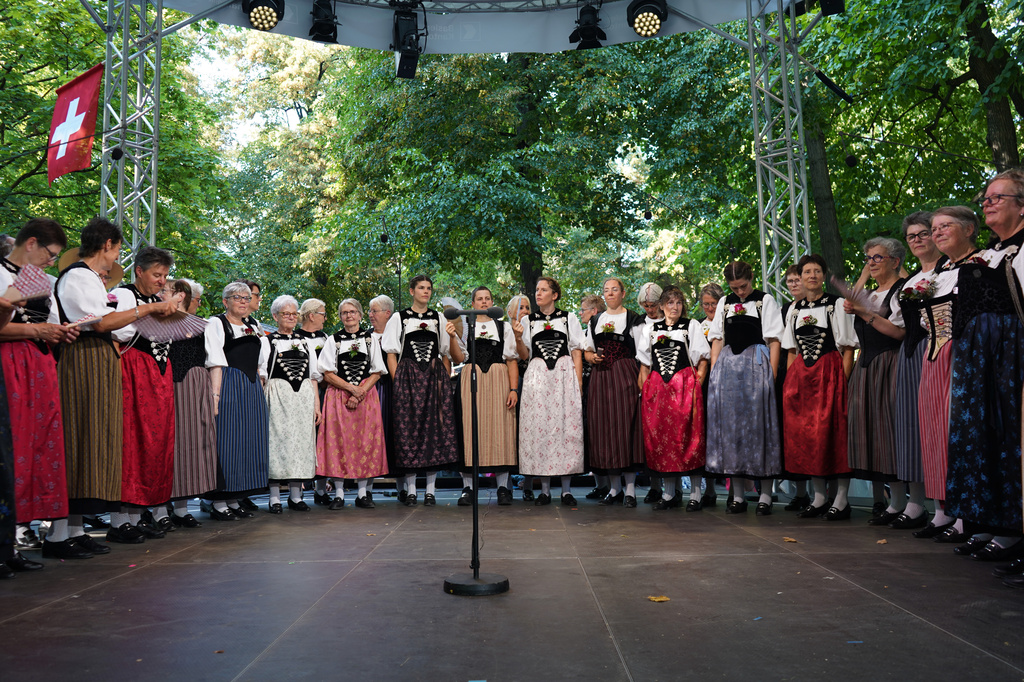 Yodelers prepare for TV broadcast on the main festival stage at Petersplatz in Basel, Switzerland, Saturday, June 27, 2026. (AP Photo/Jez Fielder)