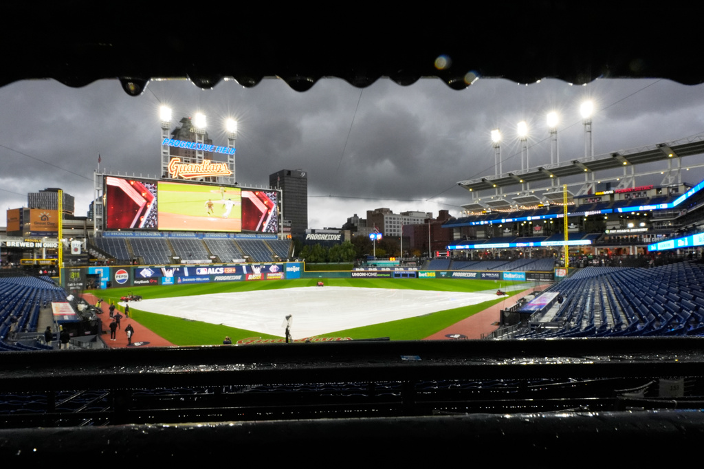 The field is covered before Game 4 of an American League Championship Series baseball game between the Cleveland Guardians and the Tampa Bay Rays in Cleveland, Friday, Oct. 16, 2026. (AP Photo/David J. Phillip)