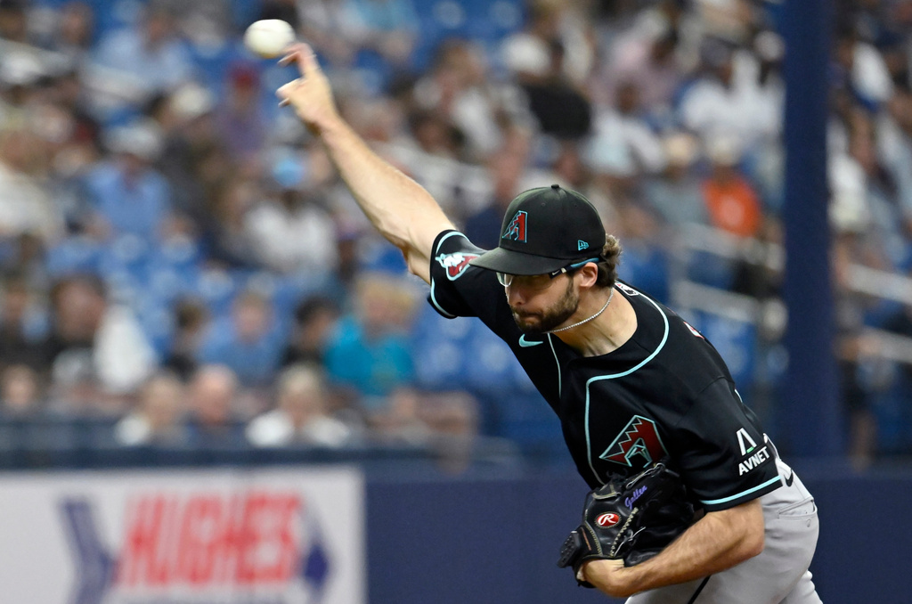 Arizona Diamondbacks pitcher Zac Gallen throws during the first inning of a baseball game against the Tampa Bay Rays Friday, June 26, 2026, in St. Petersburg, Fla. (AP Photo/Jason Behnken)