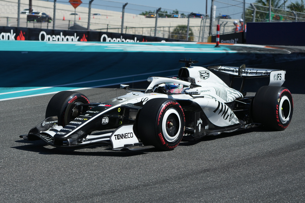 Cadillac driver Sergio Perez of Mexico steers his car during a qualifying session for the Miami Formula One Grand Prix auto race, Saturday, May 2, 2026, in Miami Gardens, Fla. (AP Photo/Lynne Sladky)