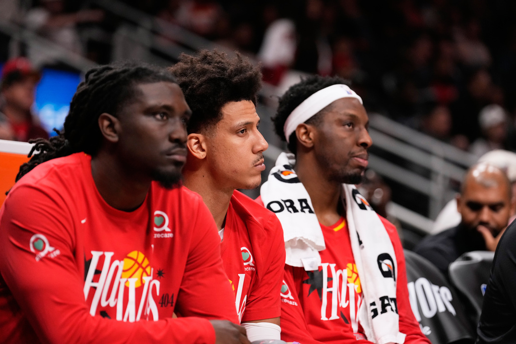 Atlanta Hawks forward Jalen Johnson (1) looks on after Game 6 in a first-round NBA basketball playoffs series against the New York Knicks Thursday, April 30, 2026, in Atlanta. (AP Photo/Brynn Anderson)