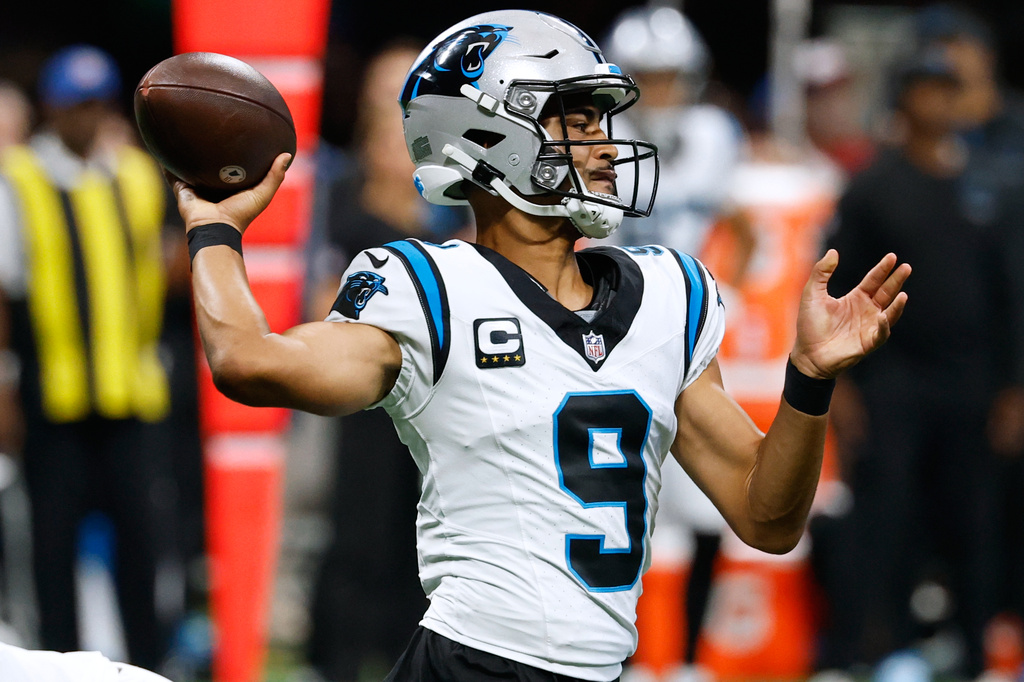 Carolina Panthers quarterback Bryce Young (9) passes the ball during an NFL football game against the Atlanta Falcons in Atlanta, Sunday, Sept. 20, 2026. (AP Photo/Erik S. Lesser)