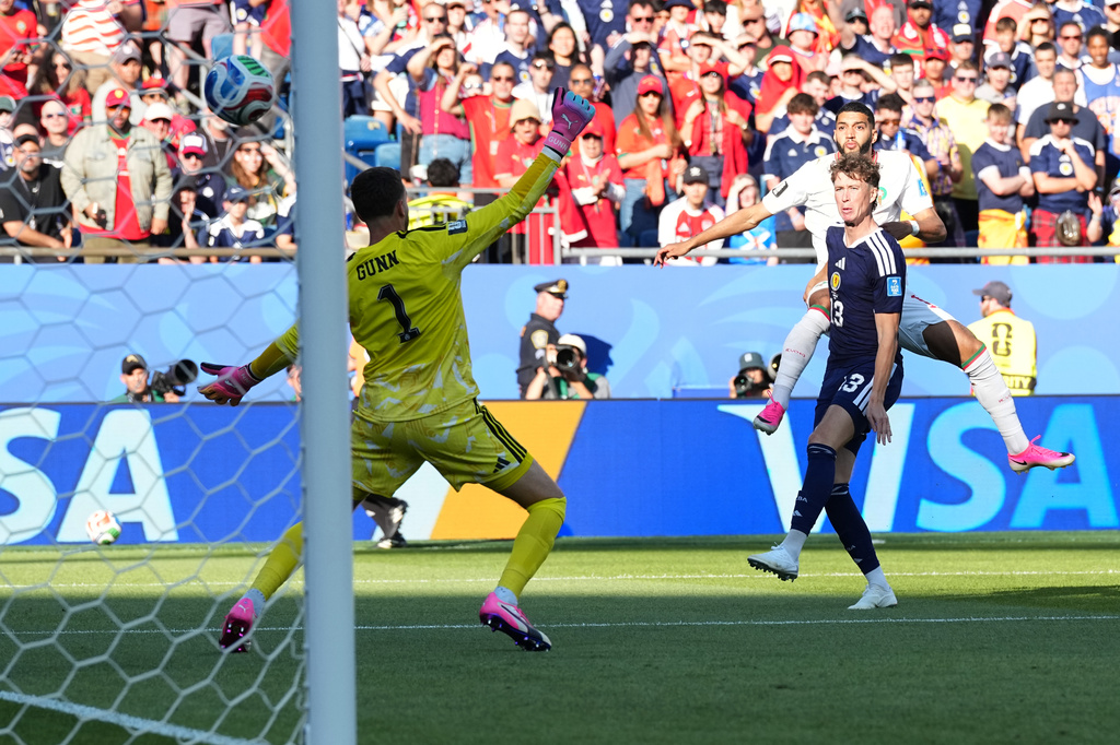 Morocco's Ismael Saibari, top right, scores his side's opening goal during the World Cup Group C soccer match between Scotland and Morocco in Foxborough, Mass., near Boston, Friday, June 19, 2026. (AP Photo/Martin Meissner)