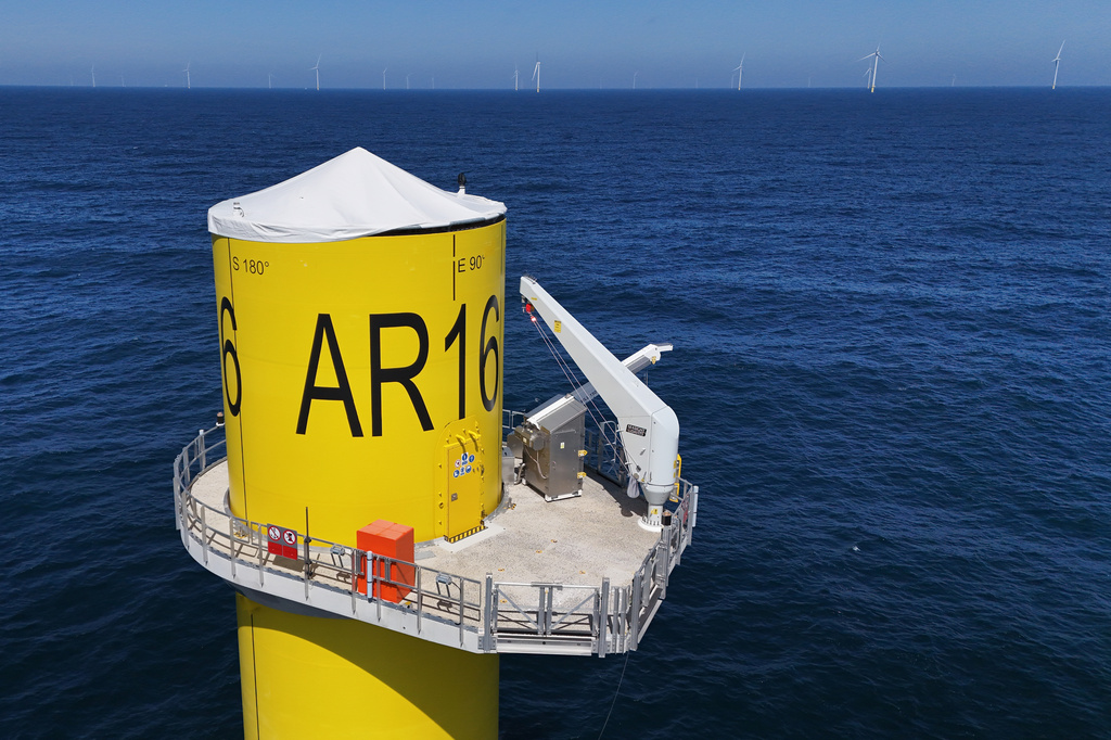 A wind turbine base is visible at Sunrise Wind offshore wind farm that is under construction off the coast of Montauk Point, New York, Thursday, April 23, 2026. (AP Photo/Joshua A. Bickel)