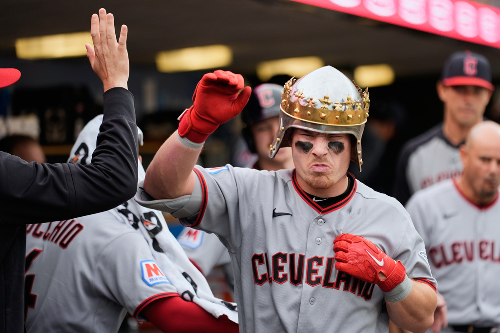 Cleveland Guardians' Travis Bazzana celebrates his two-run home run against the Detroit Tigers during the fourth inning of a baseball game Tuesday, May 19, 2026, in Detroit. (AP Photo/Paul Sancya)