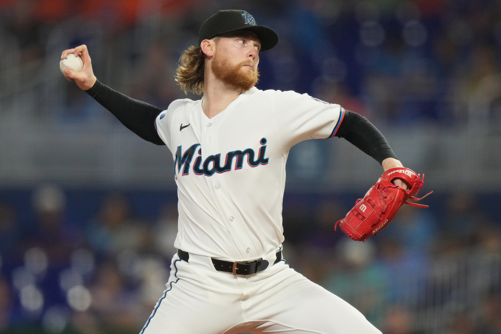 Miami Marlins starting pitcher Max Meyer throws during the first inning of a baseball game against the New York Mets, Saturday, May 23, 2026, in Miami. (AP Photo/Lynne Sladky)