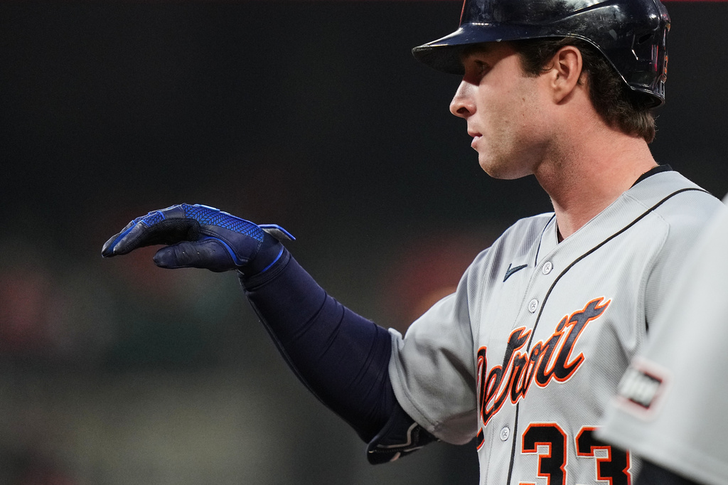 Detroit Tigers' Colt Keith celebrates after hitting a single during the eighth inning in the second baseball game of a doubleheader against the Baltimore Orioles, Sunday, May 24, 2026, in Baltimore. (AP Photo/Stephanie Scarbrough)
