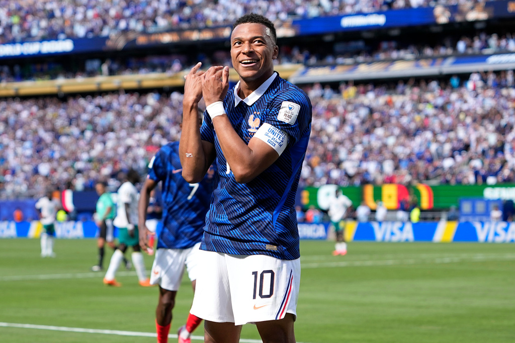 France's Kylian Mbappe celebrates after scoring the opening goal of his team during the World Cup Group I soccer match between France and Senegal in East Rutherford, N.J., near New York, Tuesday, June 16, 2026. (AP Photo/Frank Franklin II)