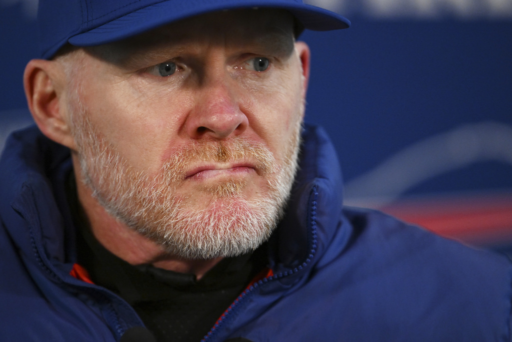 Buffalo Bills head coach Sean McDermott responds to questions during a news conference after an NFL divisional playoff game against the Denver Broncos, Saturday, Jan. 17, 2026, in Denver. (AP Photo/RJ Sangosti)