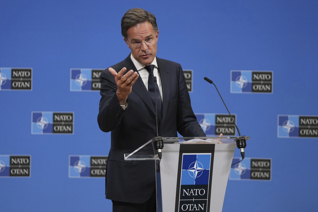 NATO Secretary General Mark Rutte addresses the media at NATO headquarters in Brussels, Friday, Sept. 12, 2025. (AP Photo/Virginia Mayo)