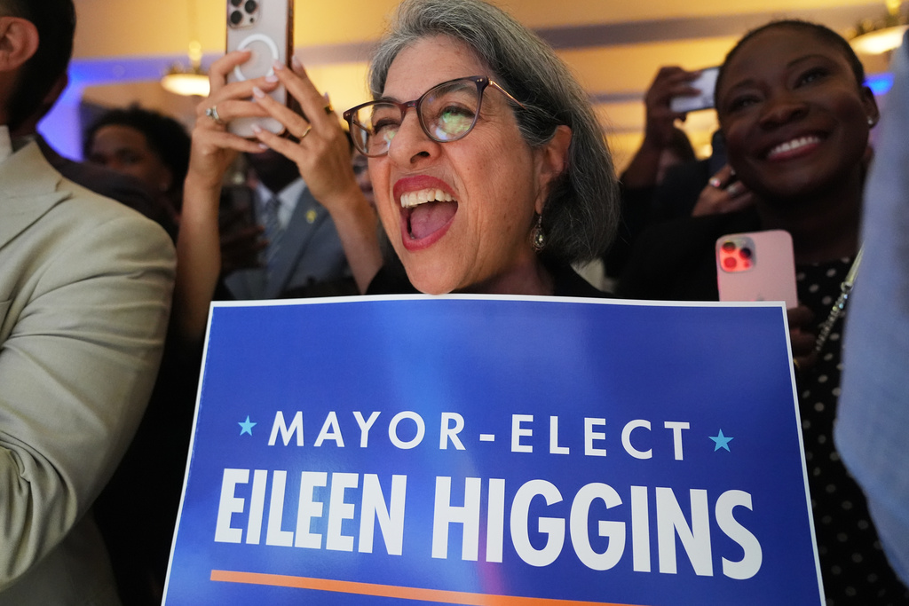 Miami-Dade County Mayor Daniella Levine Cava reacts at a watch party for Miami mayor-elect Eileen Higgins after Higgins won the Miami mayoral runoff election, Tuesday, Dec. 9, 2025, in Miami. (AP Photo/Lynne Sladky)