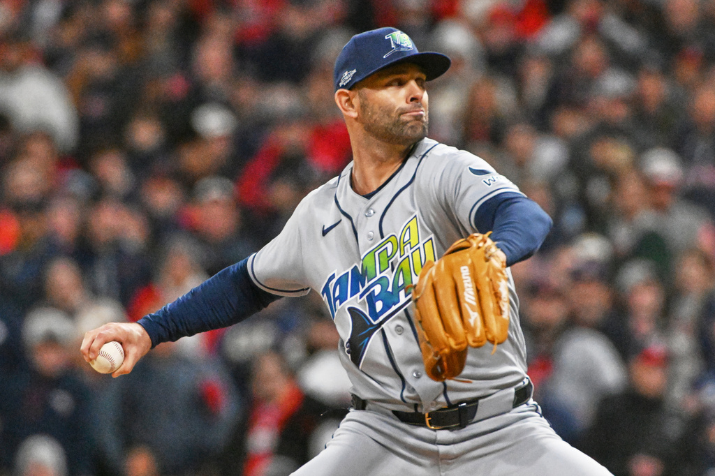 Tampa Bay Rays pitcher Nick Martinez throws against the Cleveland Guardians during the == inning in Game 4 of an American League Championship Series baseball game in Cleveland, Saturday, Oct. 17, 2026. (AP Photo/Phil Long)