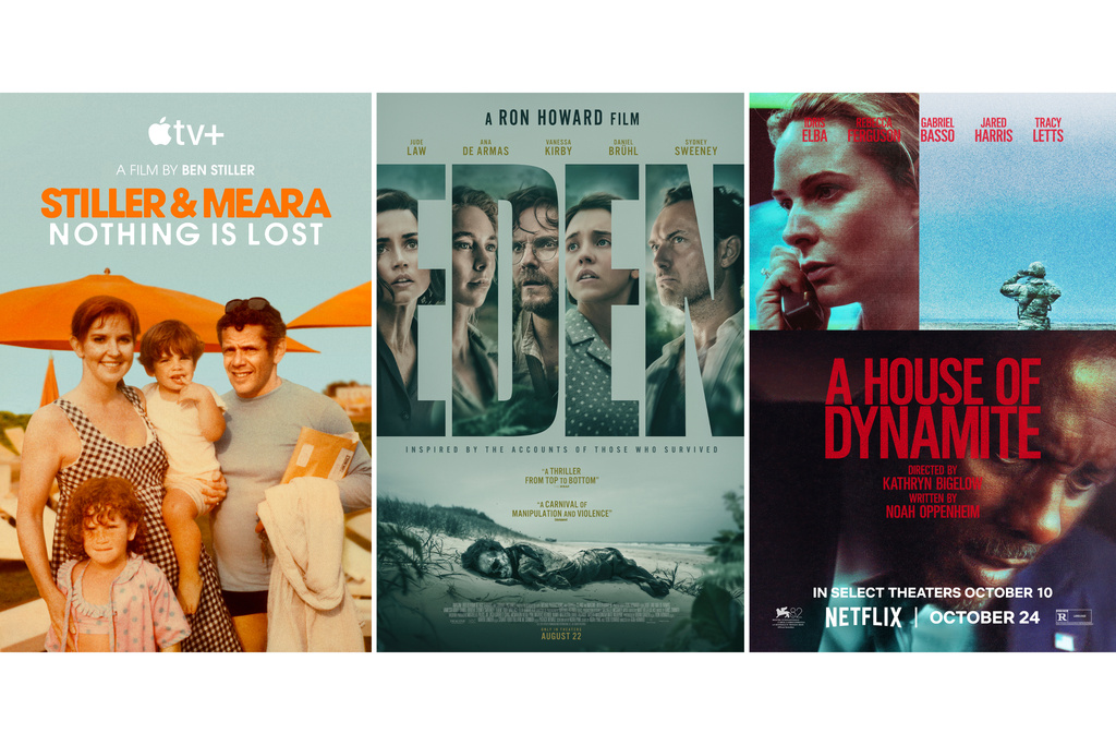 This combination of images shows promotional art for "Stiller & Meara: Nothing is Lost," left, "Eden," and "A House of Dynamite." (Apple TV+/Vertical Entertainment/Netflix via AP)