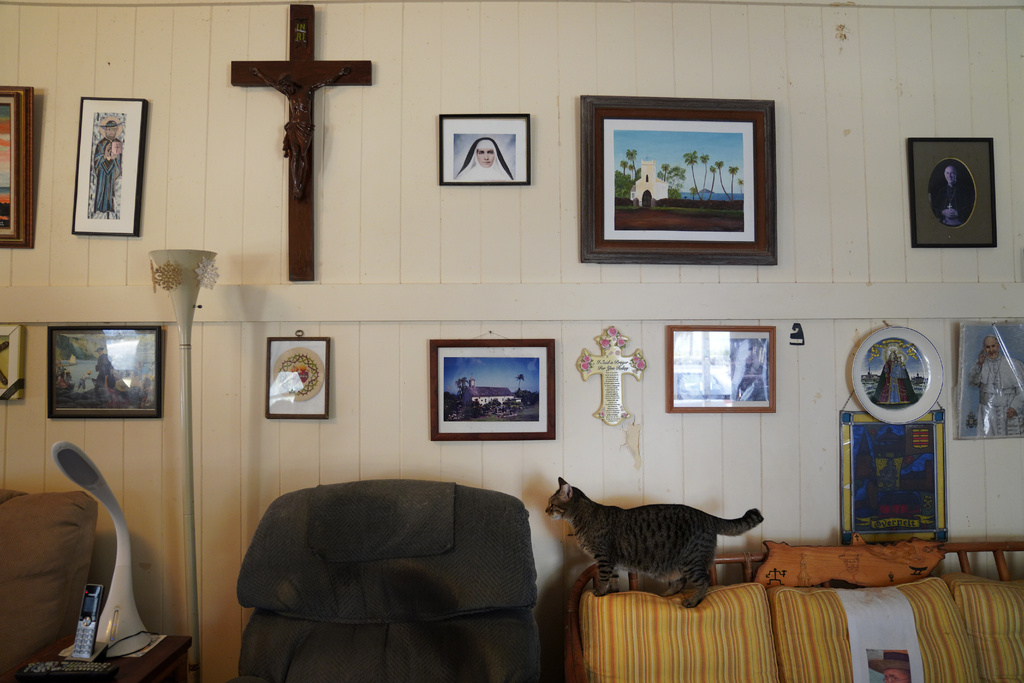 FILE - A cat walks across the back of the Rev. Patrick Killilea's couch on Kalaupapa, Hawaii, July 18, 2023. (AP Photo/Jessie Wardarski, File)