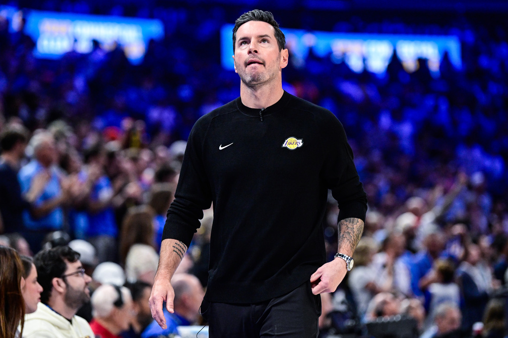 Los Angeles Lakers Head Coach JJ Redick reacts during the first half of an NBA basketball game against the Oklahoma City Thunder Thursday, April. 2, 2026, in Oklahoma City. (AP Photo/Gerald Leong)
