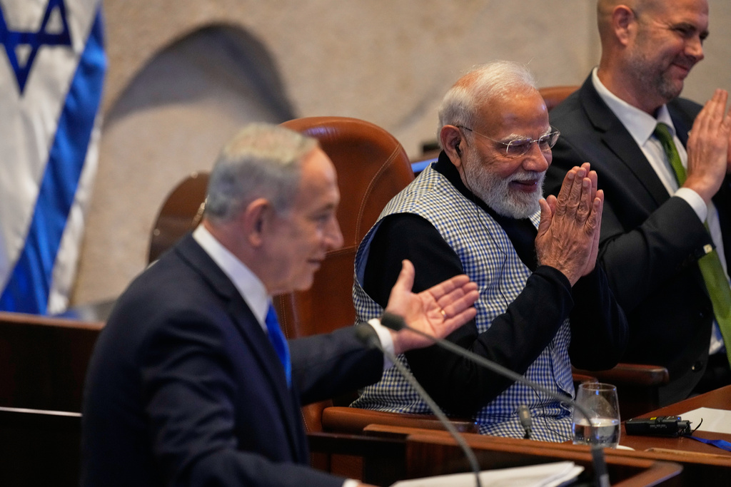 Indian Prime Minister Narendra Modi and Israel's Prime Minister Benjamin Netanyahu, addresses lawmakers in the Knesset, Israel's parliament, in Jerusalem, Wednesday, Feb. 25, 2026. (AP Photo/Ohad Zwigenberg)