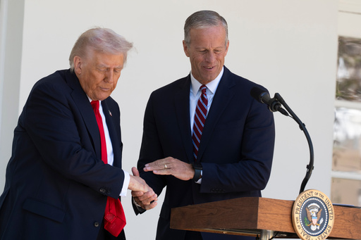 President Donald Trump shakes hands with Senate Majority Leader John Thune, R-S.D., right, during a lunch with Republican Senators on the Rose Garden patio at the White House, Tuesday, Oct. 21, 2025, in Washington. (AP Photo/Manuel Balce Ceneta) President Donald Trump shakes hands with Senate Majority Leader John Thune, R-S.D., right, during a lunch with Republican Senators on the Rose Garden patio at the White House, Tuesday, Oct. 21, 2025, in Washington. (AP Photo/Manuel Balce Ceneta)