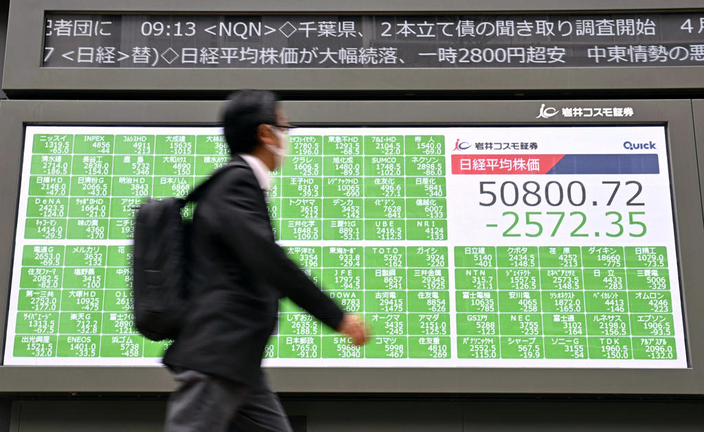A person walks by an electronic stock board showing Japan's Nikkei index in Tokyo Monday, March 30, 2026. (Yusuke Hashizume/Kyodo News via AP)