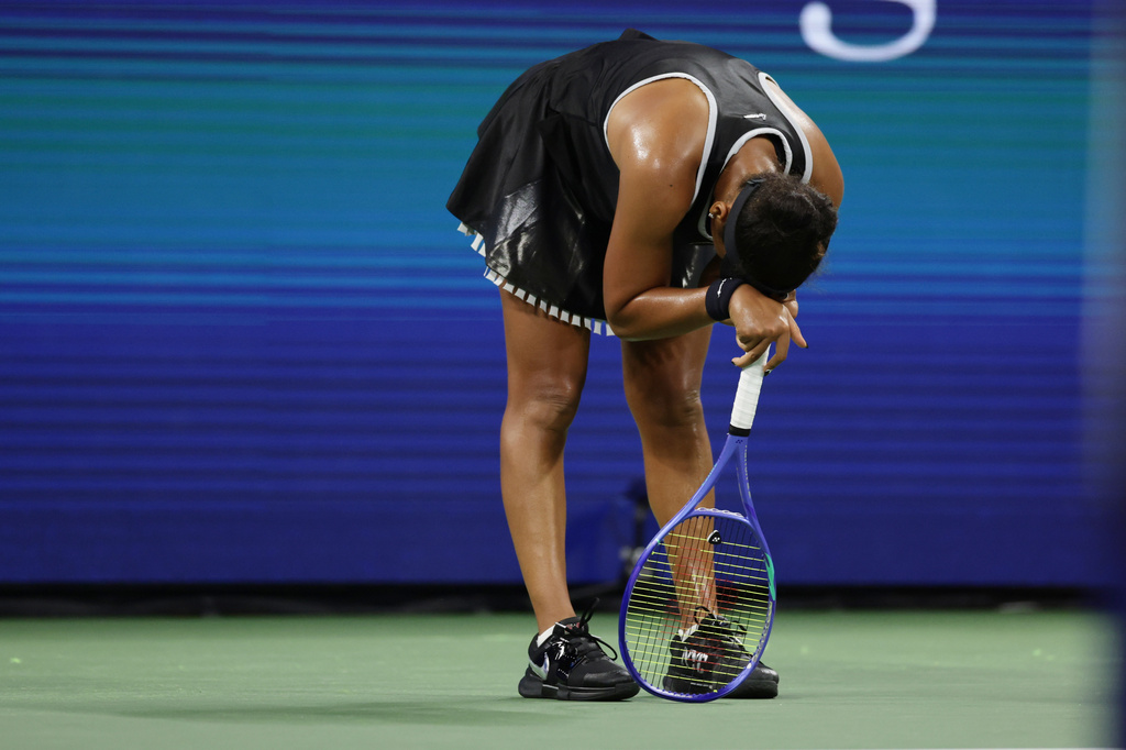 Naomi Osaka, of Japan, celebrates after defeating Elise Mertens, of Belgium, in three sets during the third round of the U.S. Open tennis championships, Saturday, Sept. 5, 2026, in New York. (AP Photo/Adam Hunger)