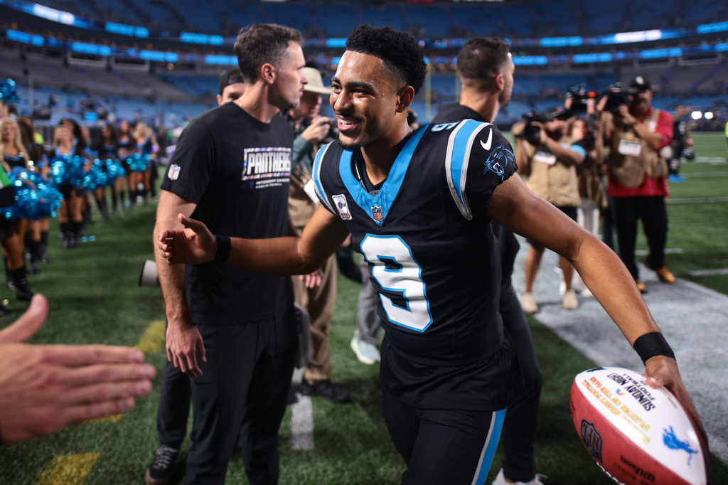 Carolina Panthers quarterback Bryce Young (9) walks off the field after an NFL football game against the Detroit Lions in Charlotte, N.C., Sunday, Oct. 4, 2026.(AP Photo/Scott Kinser)