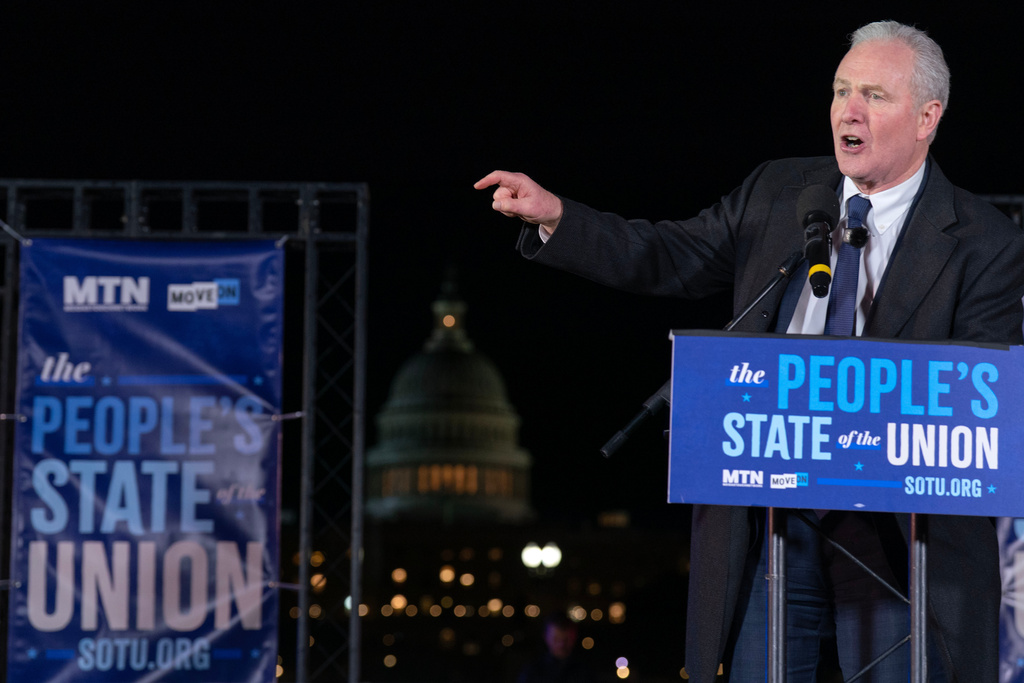 Sen. Chris Van Hollen, D-Md., speaks during the "People's State of the Union" rally outside of the U.S. Capitol Tuesday, Feb. 24, 2026, in Washington. (AP Photo/Jose Luis Magana)