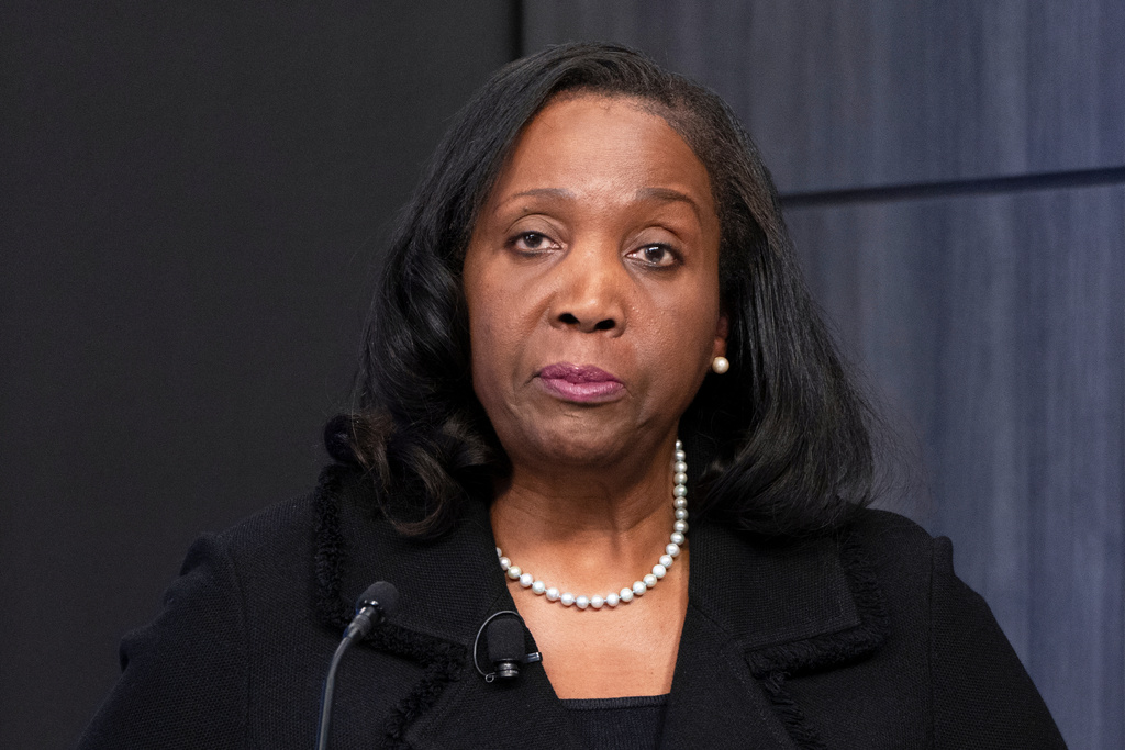 FILE - Lisa Cook, a Federal Reserve Board of Governors member, speaks during an event at the Brookings Institution, Nov. 3, 2025, in Washington. (AP Photo/Mark Schiefelbein, File)