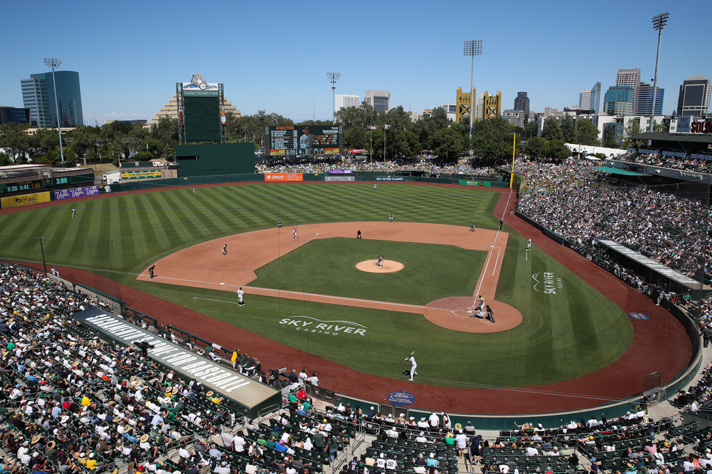 The Athletics and the New York Yankees play during the fifth inning of a baseball game at Sutter Health Park, Sunday, May 31, 2026, in West Sacramento, Calif. (AP Photo/Scott Marshall)