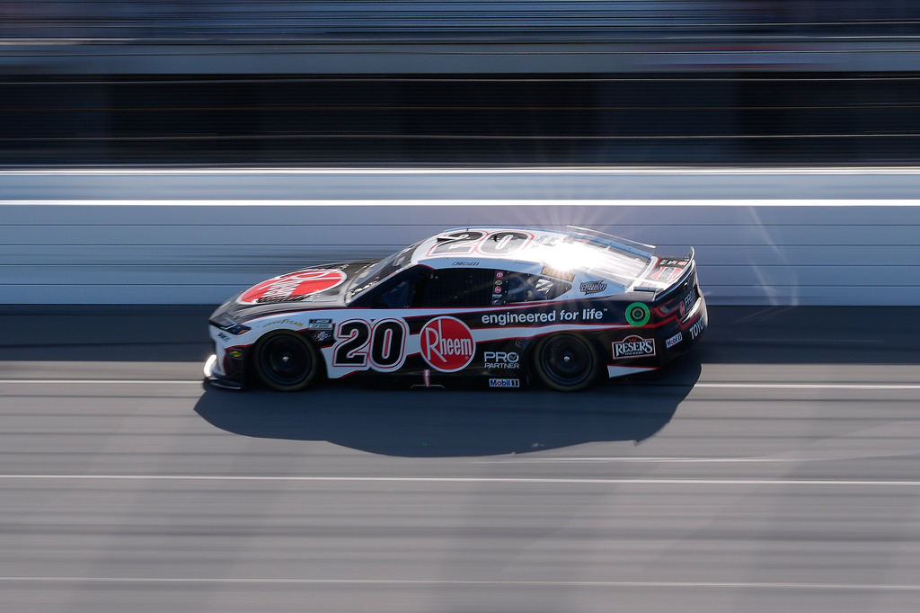 Joe Gibbs Racing driver Christopher Bell (20) drives during a NASCAR Cup Series auto race at Michigan International Speedway in Brooklyn, Mich., Sunday, June 7, 2026. (AP Photo/Paul Sancya)