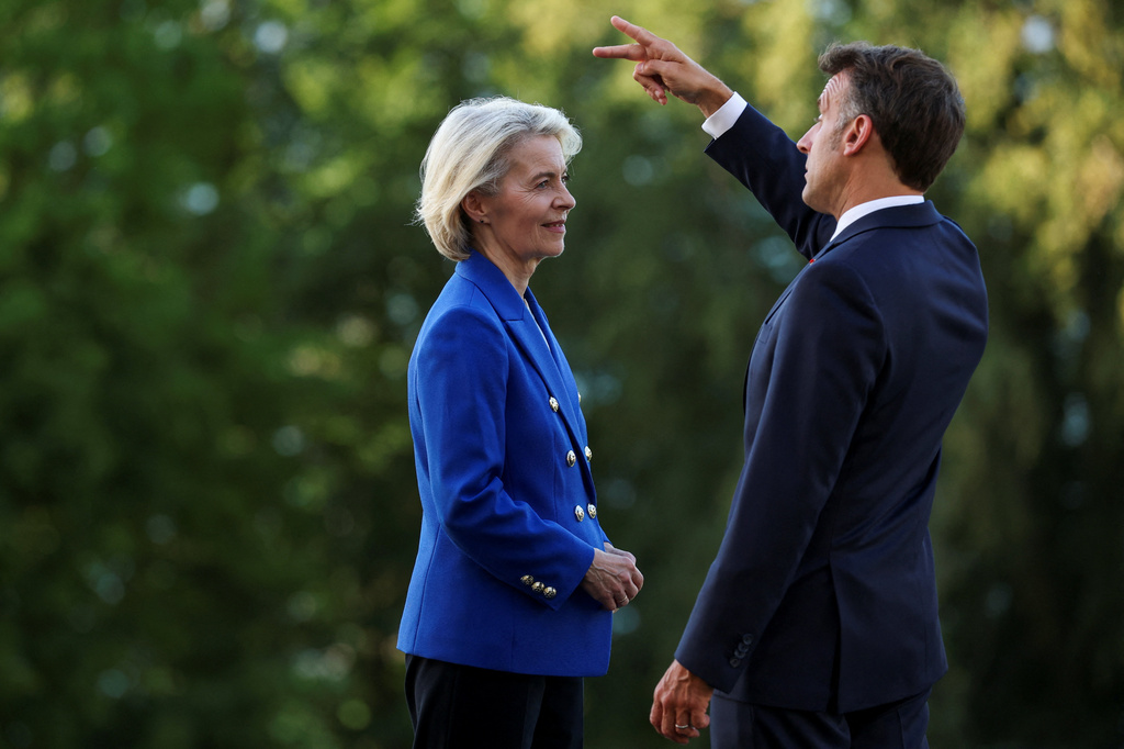 French President Emmanuel Macron, right, speaks with European Commission President Ursula von der Leyen during the G7 summit in Evian-les-Bains, France, Monday, June 15, 2026. (Isabel Infantes/Pool Photo via AP)