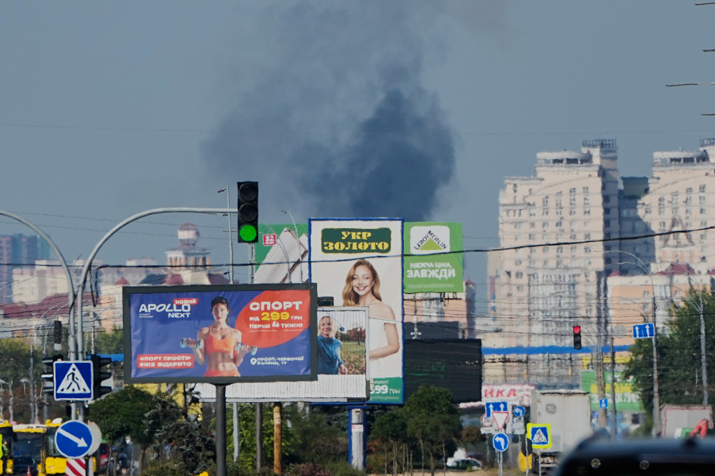 Smoke rises following a Russian drone attack on a residential neighbourhood in Kyiv, Ukraine, Friday, Sept. 11, 2026. (AP Photo/Efrem Lukatsky)