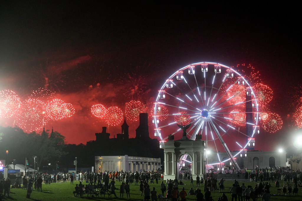 Fireworks explode during the Great American State Fair on the National Mall, Sunday, July 5, 2026, in Washington. (AP Photo/Rod Lamkey, Jr.)