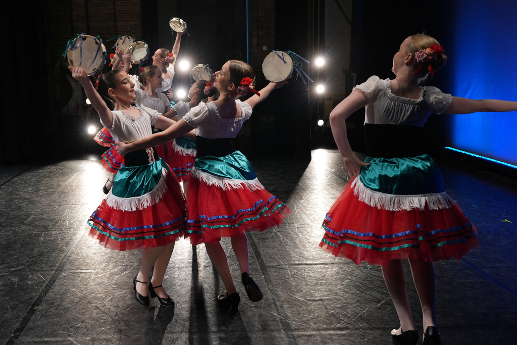 Dancers perform Tarantella Napoletana for Ensemble Competition during the Youth America Grand Prix (YAGP) Semi-Finals at Dominican University Performing Arts Center in River Forest, Ill., Sunday, Feb. 8, 2026. (AP Photo/Nam Y. Huh)