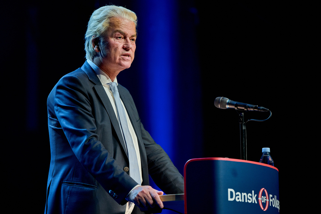 Dutch politician Geert Wilders speaks at the Danish People's Party annual meeting, in Tinghallen, Viborg, Denmark, Saturday, Sept. 27, 2025. (Mikkel Berg Pedersen/Ritzau Scanpix via AP)