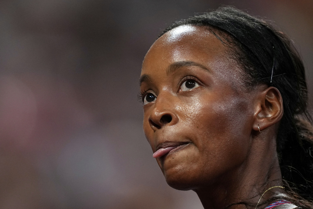 United States' Dalilah Muhammad after finishing a women's 400 meters hurdles semifinal at the World Athletics Championships in Tokyo, Wednesday, Sept. 17, 2025. (AP Photo/Petr David Josek)