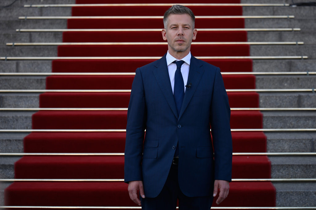 Hungary's new Prime Minister Peter Magyar leaves the Hungarian Parliament after ceremony in Budapest, Hungary, Saturday, May 9, 2026. (AP Photo/Denes Erdos)