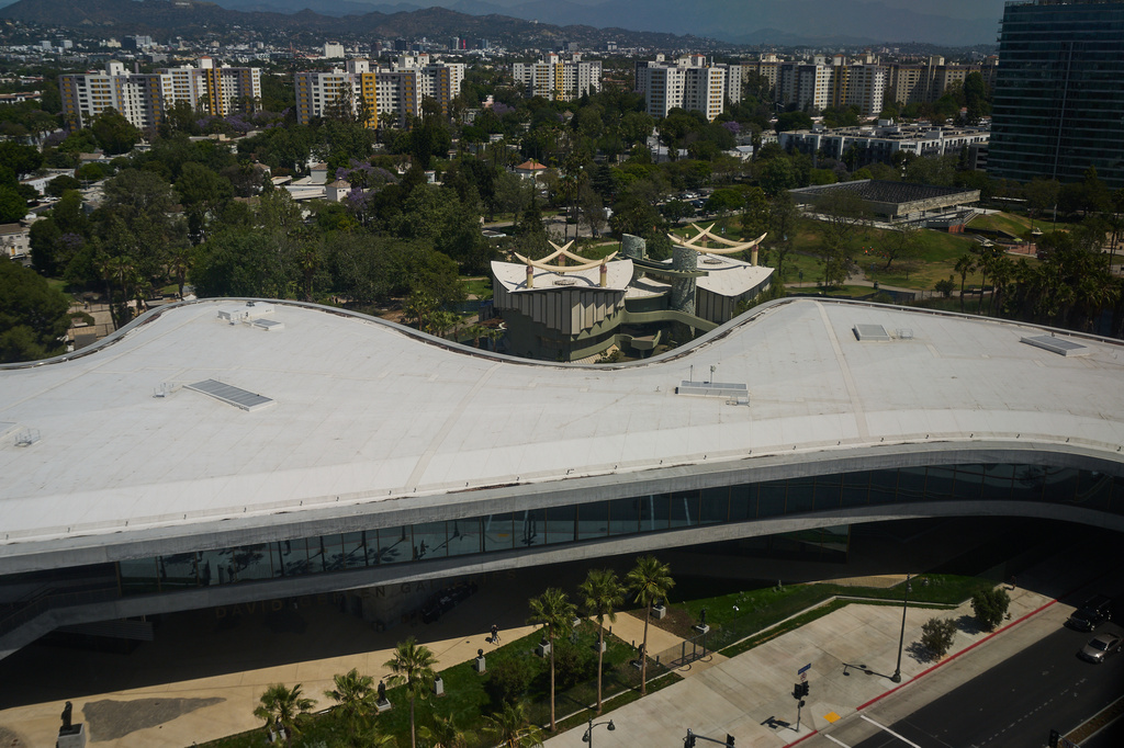 The David Geffen Galleries, designed by architect Peter Zumthor, at the Los Angeles County Museum of Art is seen Wednesday, April 15, 2026. (AP Photo/Damian Dovarganes)
