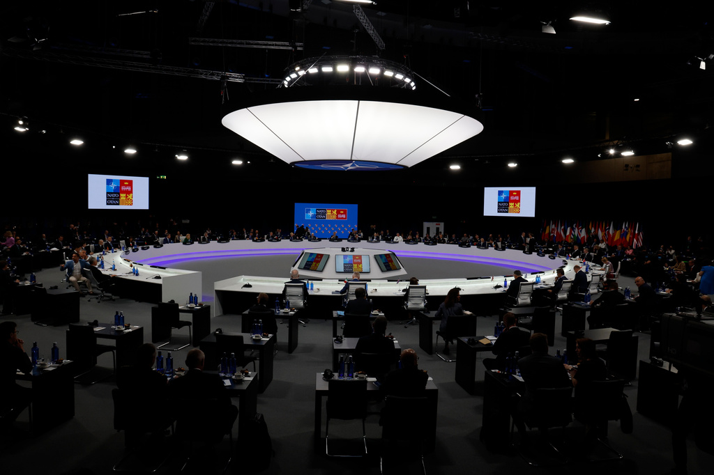 FILE - A general view of the Meeting of the North Atlantic Council Session with fellow heads of state at the NATO summit at the IFEMA arena in Madrid, on June 30, 2022. (Jonathan Ernst/Pool Photo via AP, File)