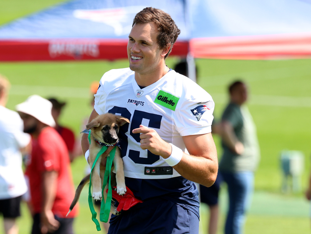 New England Patriots tight end Hunter Henry walks with a dog, part of the team's adopt a dog program at the team's first day of NFL football training camp, Saturday, July 25, 2026, in Foxborough, Mass. (AP Photo/Mark Stockwell)
