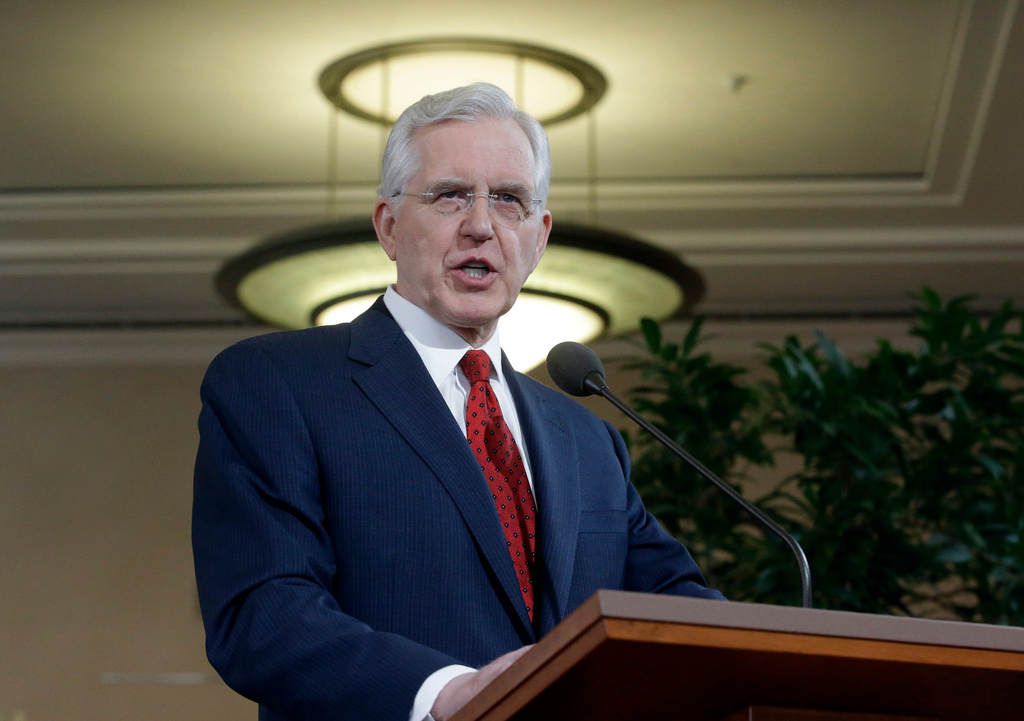 FILE - Elder D. Todd Christofferson of the Church's Quorum of the Twelve Apostles speaks during a news conference at the Conference Center, Jan. 27, 2015, in Salt Lake City. (AP Photo/Rick Bowmer, File)