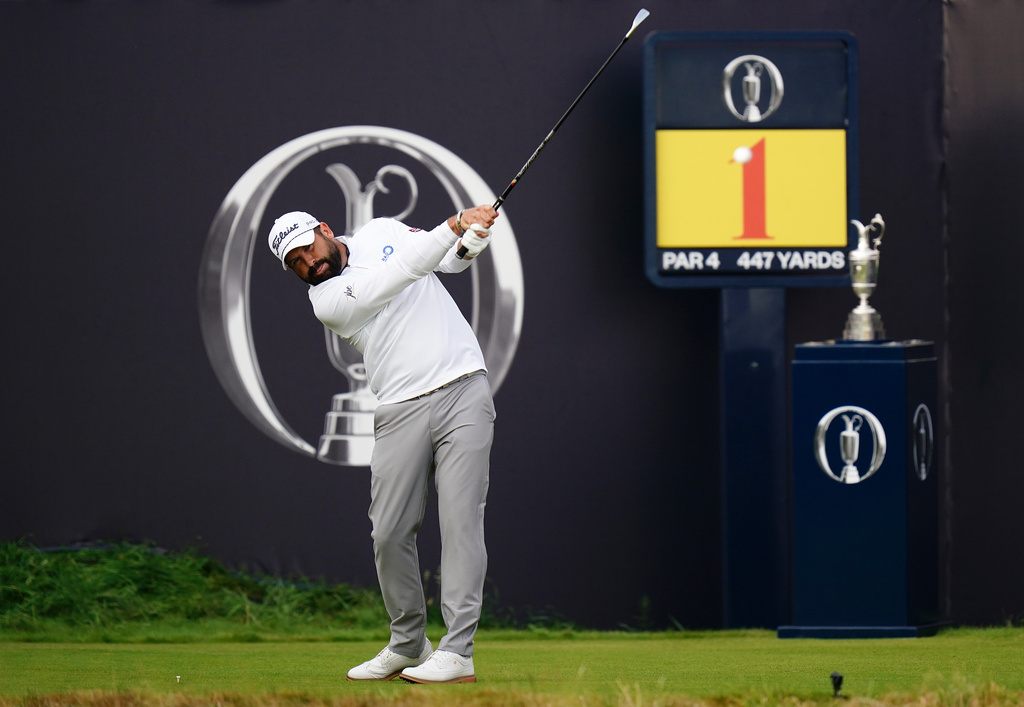 Matthew Baldwin of England tees off the 1st during day one of The 154th Open Championship at Royal Birkdale in Southport, England, Thursday July 16, 2026. (Jacob King/PA via AP)