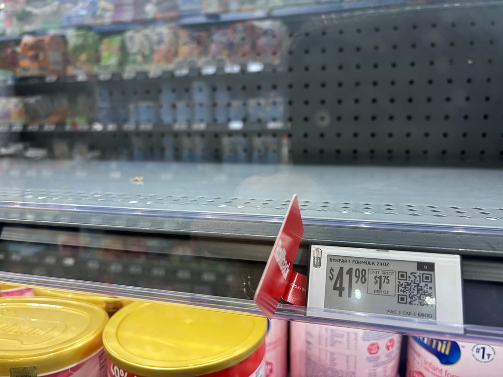 ByHeart infant formula has been removed from shelves of a Walmart store in Temecula, Calif., on Nov. 16, 2025. (AP Photo/JoNel Aleccia)