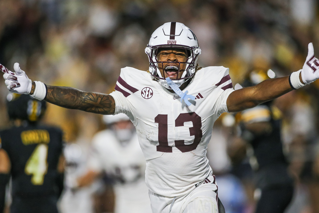 Mississippi State wide receiver Sanfrisco Magee (13) reacts after his touchdown catch against Missouri during the second half of an NCAA college football game in Starkville, Miss., Saturday, Sept. 26, 2026. (AP Photo/James Pugh)