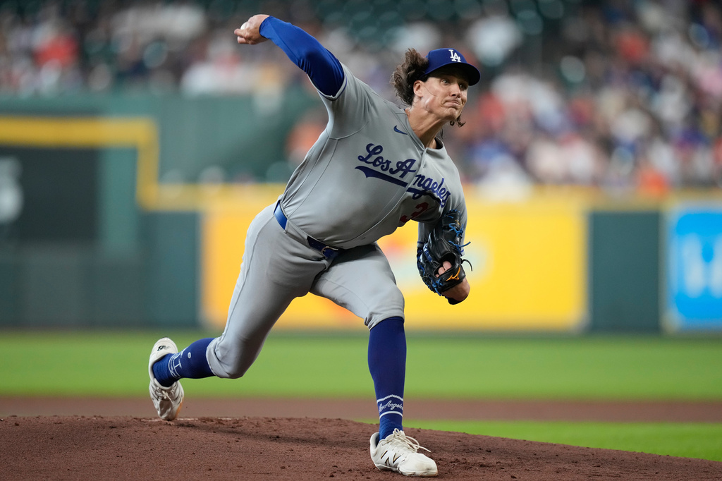 Los Angeles Dodgers starting pitcher Tyler Glasnow throws during the first inning of a baseball game against the Houston Astros in Houston, Wednesday, May 6, 2026. (AP Photo/Ashley Landis)