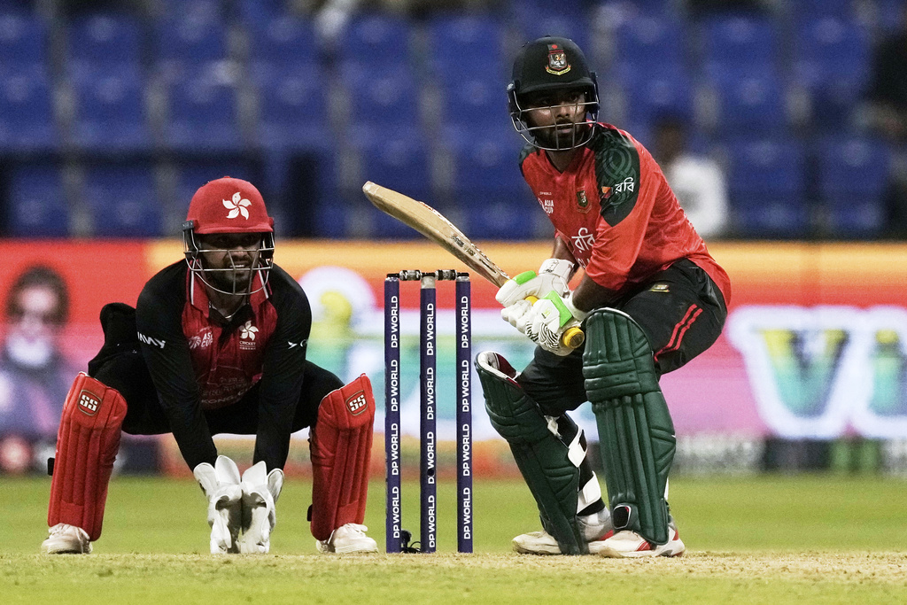 Bangladesh's Towhid Hridoy plays a shot during the Asia Cup Cricket match between Bangladesh and Hong Kong at Zayed Cricket Stadium in Abu Dhabi, United Arab Emirates, Thursday, Sept. 11, 2025. (AP Photo/Fatima Shbair)