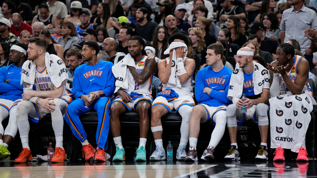 The Oklahoma City Thunder bench watches play against the San Antonio Spurs in the second half of Game 6 in the Western Conference finals NBA basketball playoffs series, Thursday, May 28, 2026, in San Antonio. (AP Photo/David J. Phillip)