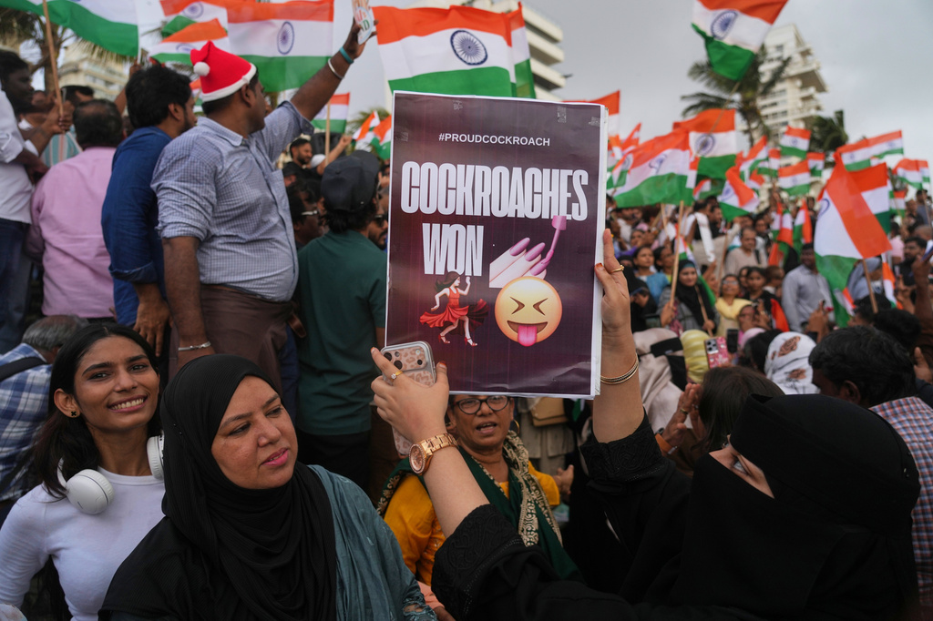 FILE- A protester holds a placard after India's Education Minister Dharmendra Pradhan resigned following nationwide protests as part of the Cockroach Janta Party's protest movement in Mumbai, India, Saturday, July 25, 2026 (AP Photo/Rafiq Maqbool, File)