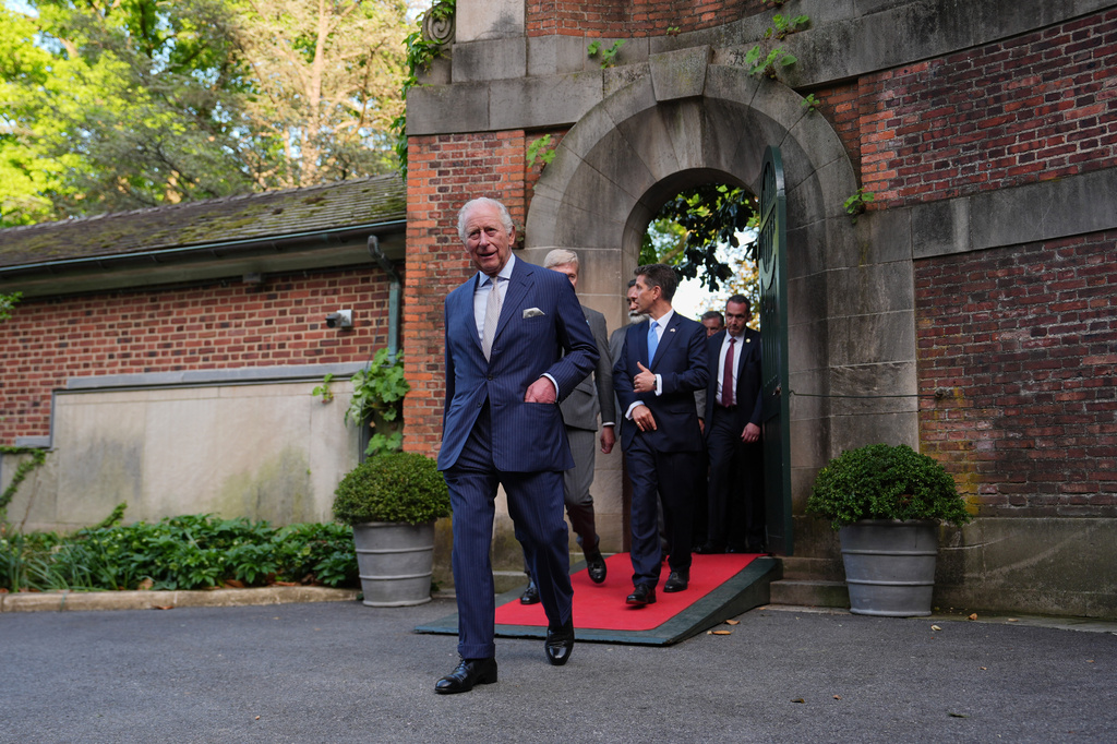 Britain's King Charles III departs the British Embassy, Monday, April 27, 2026, in Washington. (AP Photo/Julia Demaree Nikhinson, Pool)
