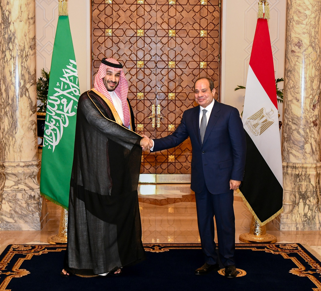 In this photo provided by the Egyptian Presidential Press Office, Saudi Crown Prince Mohammed bin Salman, left, and Egyptian President Abdel-Fattah el-Sissi, shake hands at the Presidential Palace in Cairo, Egypt, Tuesday, Sept. 15, 2026. (Egyptian Presidential Press Office via AP)