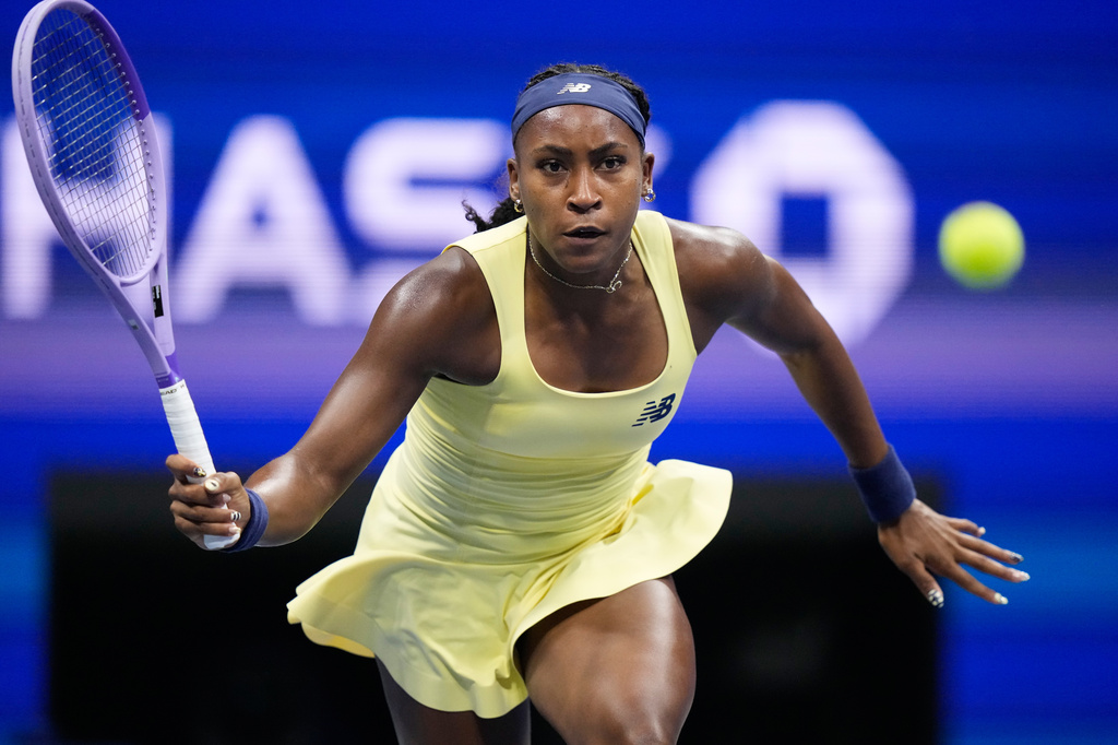 Coco Gauff, of the United States, eyes a return to Paula Badosa, of Spain, during the second round of the U.S. Open tennis championships, Thursday, Sept. 3, 2026, in New York. (AP Photo/Frank Franklin II)