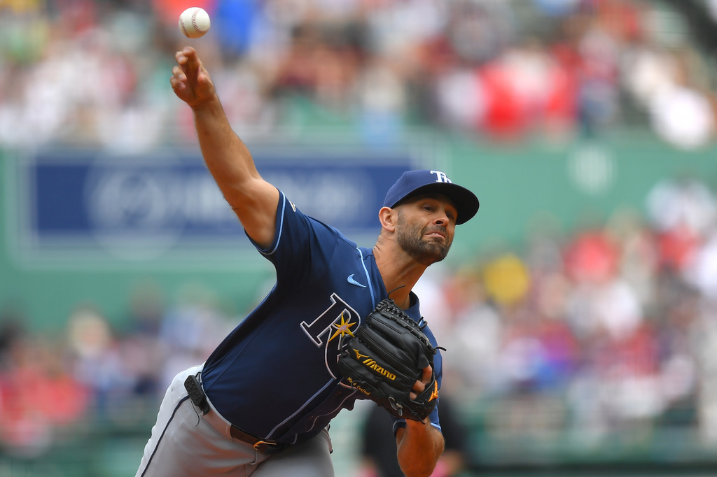 Tampa Bay Rays' Nick Martinez delivers a pitch to a Boston Red Sox batter in the first inning of a baseball game, Sunday, May 10, 2026, in Boston. (AP Photo/Steven Senne)